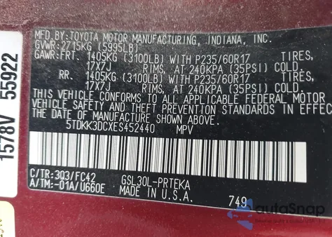 2014 Toyota Sienna Le V6 8 Passenger from USA, damaged, VIN 5TDKK3DCXES452440